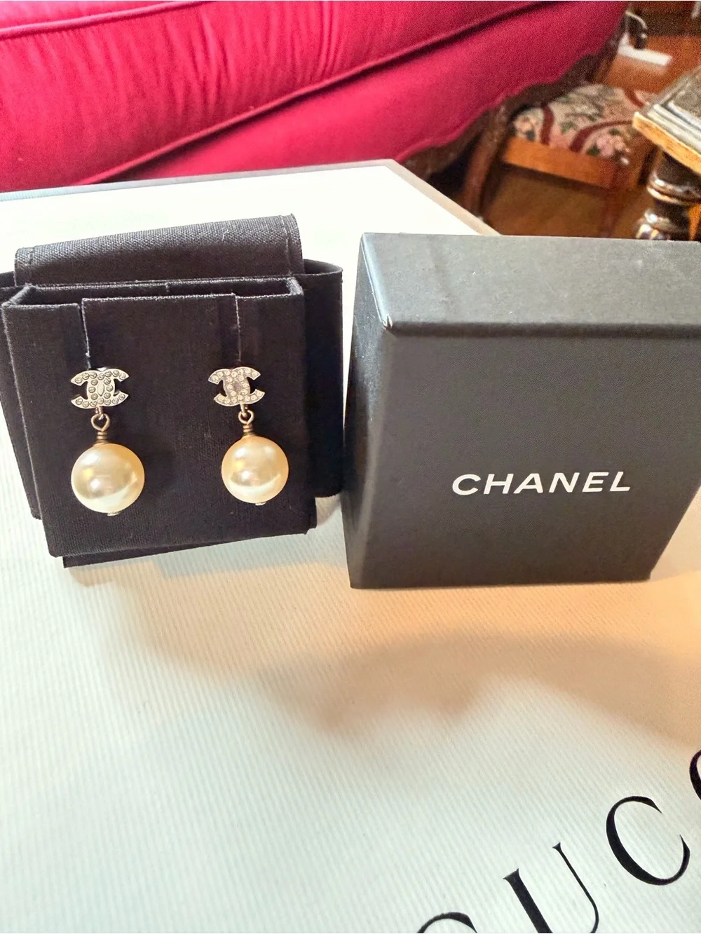 CHANEL Authentic CHANEL Crystal CC Pearl Dangle Drop Earrings Silver with Box